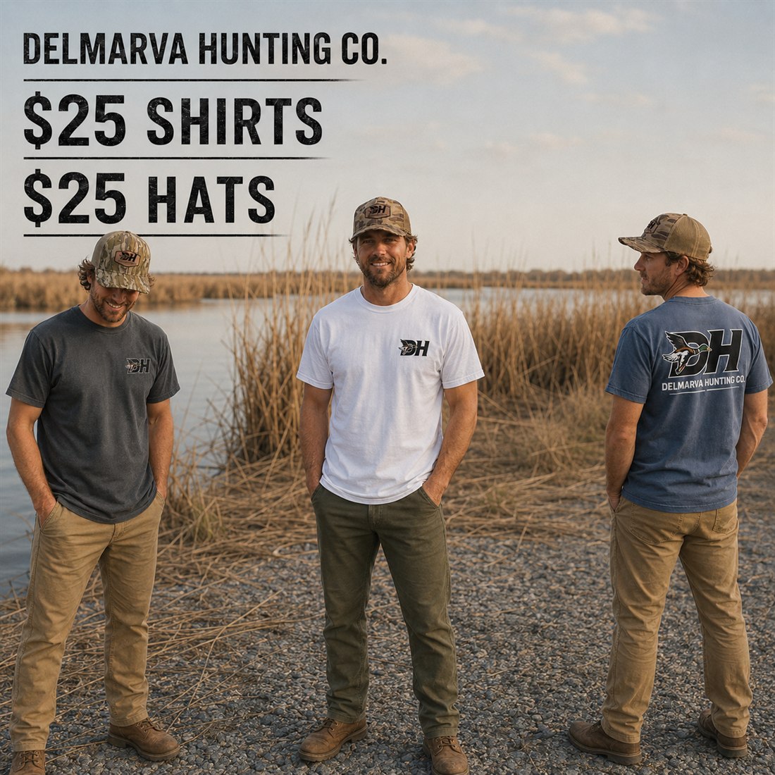 Three hunters wearing Delmarva Hunting Co. hats and tees on the marsh